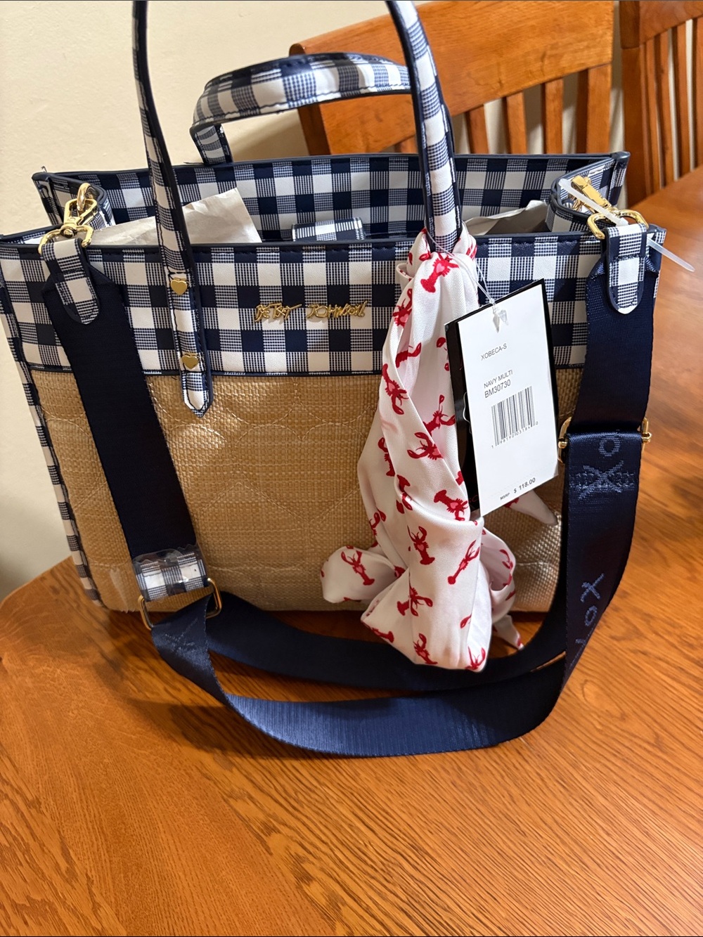 Betsey Johnson Navy & Natural Gingham-Accent Tote Bag with Scarf- NWT